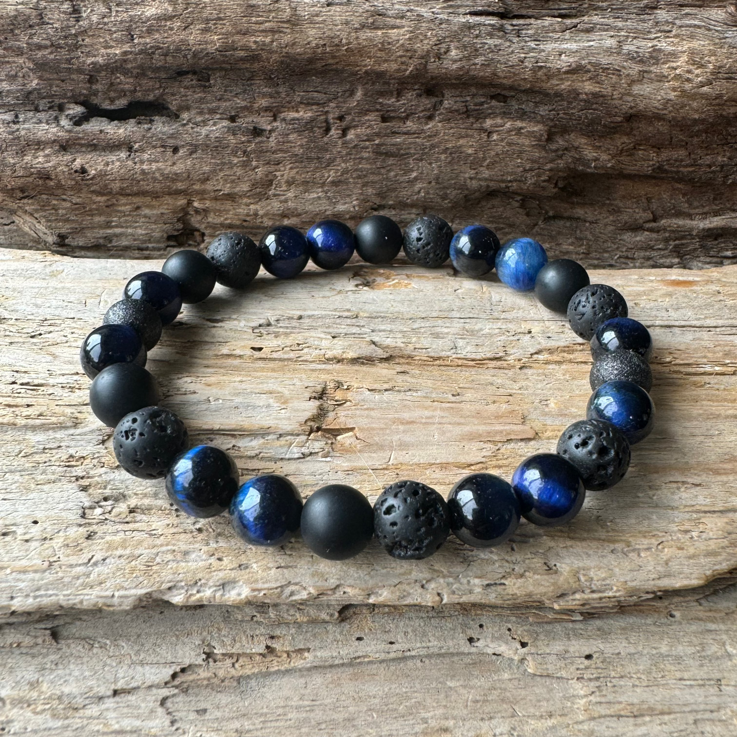 (Men) Blue Tiger's Eye, Matte Agate & Volcanic Stone